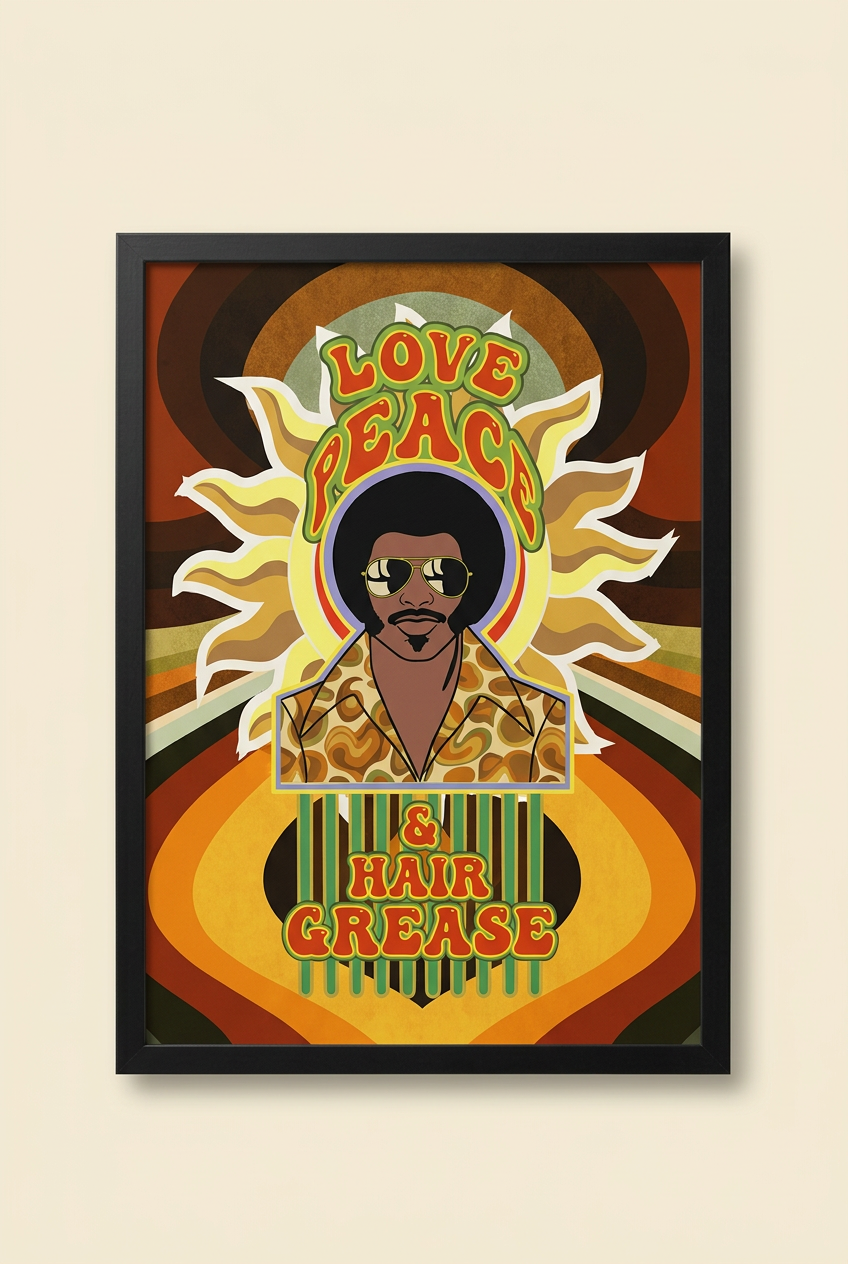 Front view of LOVE PEACE and HAIR GREASE psychedelic portrait poster in a black frame on an ivory background.