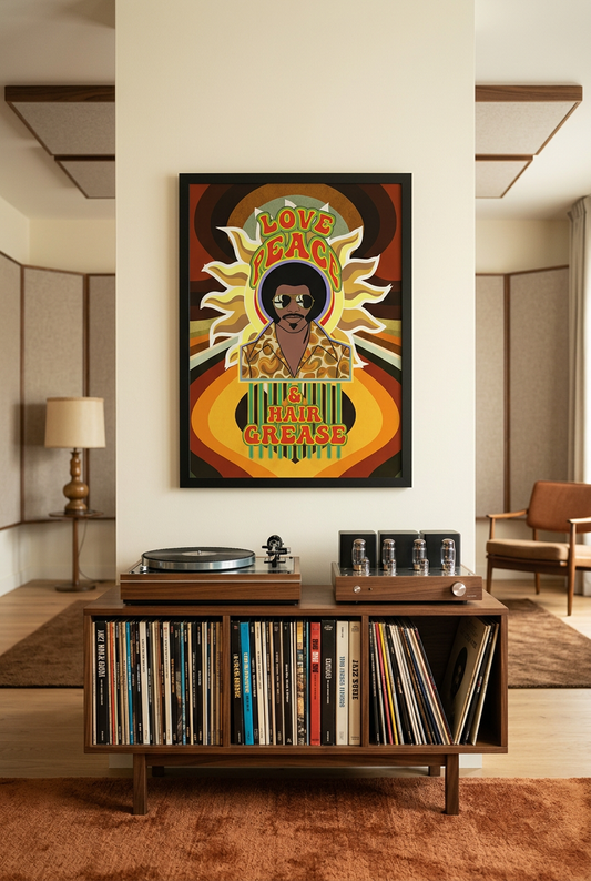 LOVE PEACE and HAIR GREASE black-framed poster above a walnut record console in a warm listening room.
